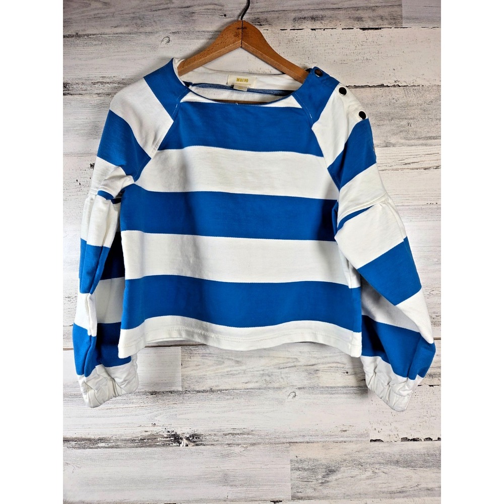 Maeve Anthropologie Sweatshirt Size‎ XS Blue Stripe Button Shoulder Puff Sleeve